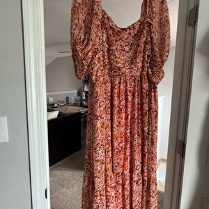 LC Lauren Conrad Red and Orange Floral Midi Dress